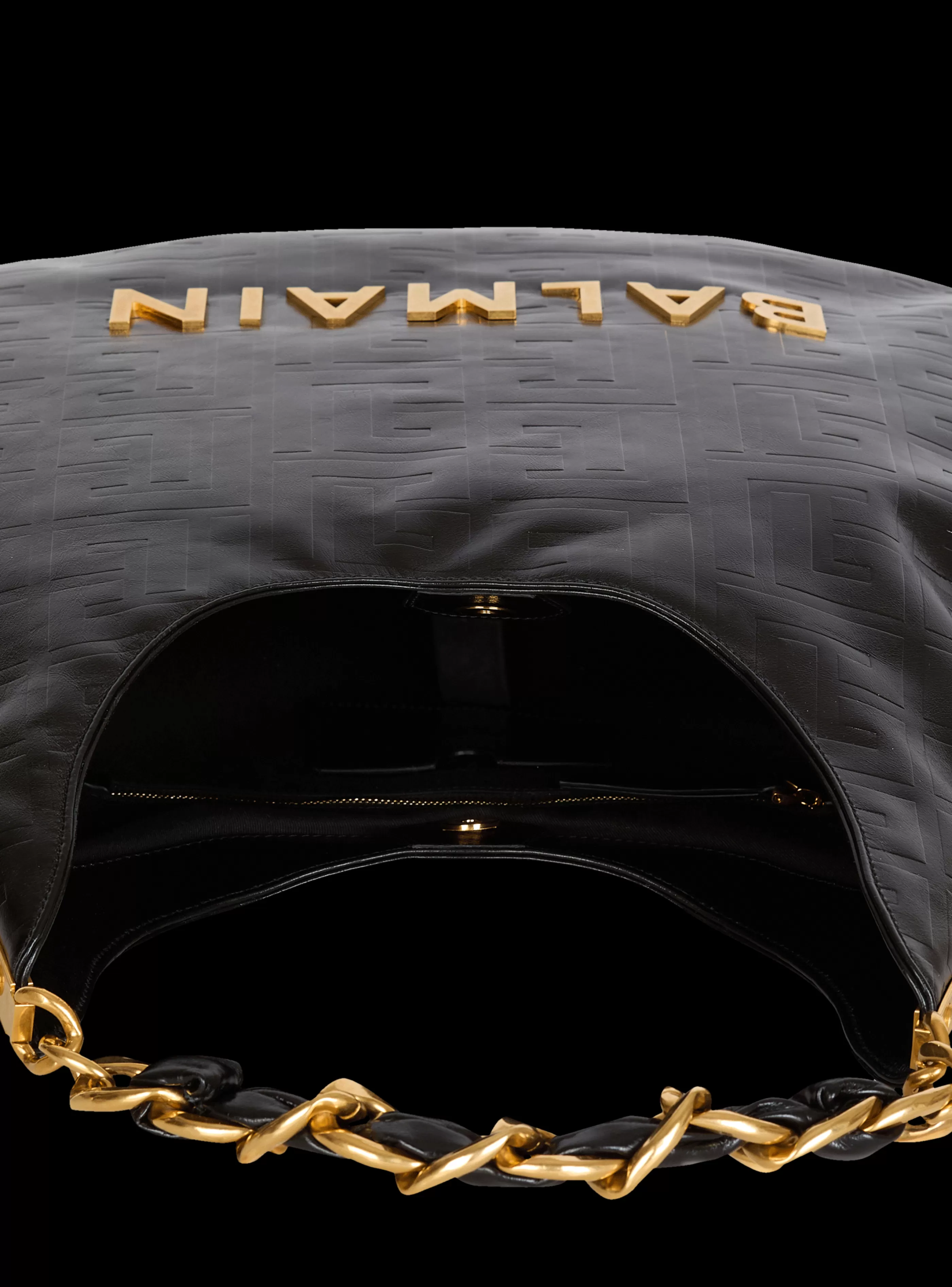 Balmain Borse A Spalla | Borse 1945-Large 1945 Soft Hobo Bag In Embossed Crinkled Calfskin With A PB Labyrinth Monogram black