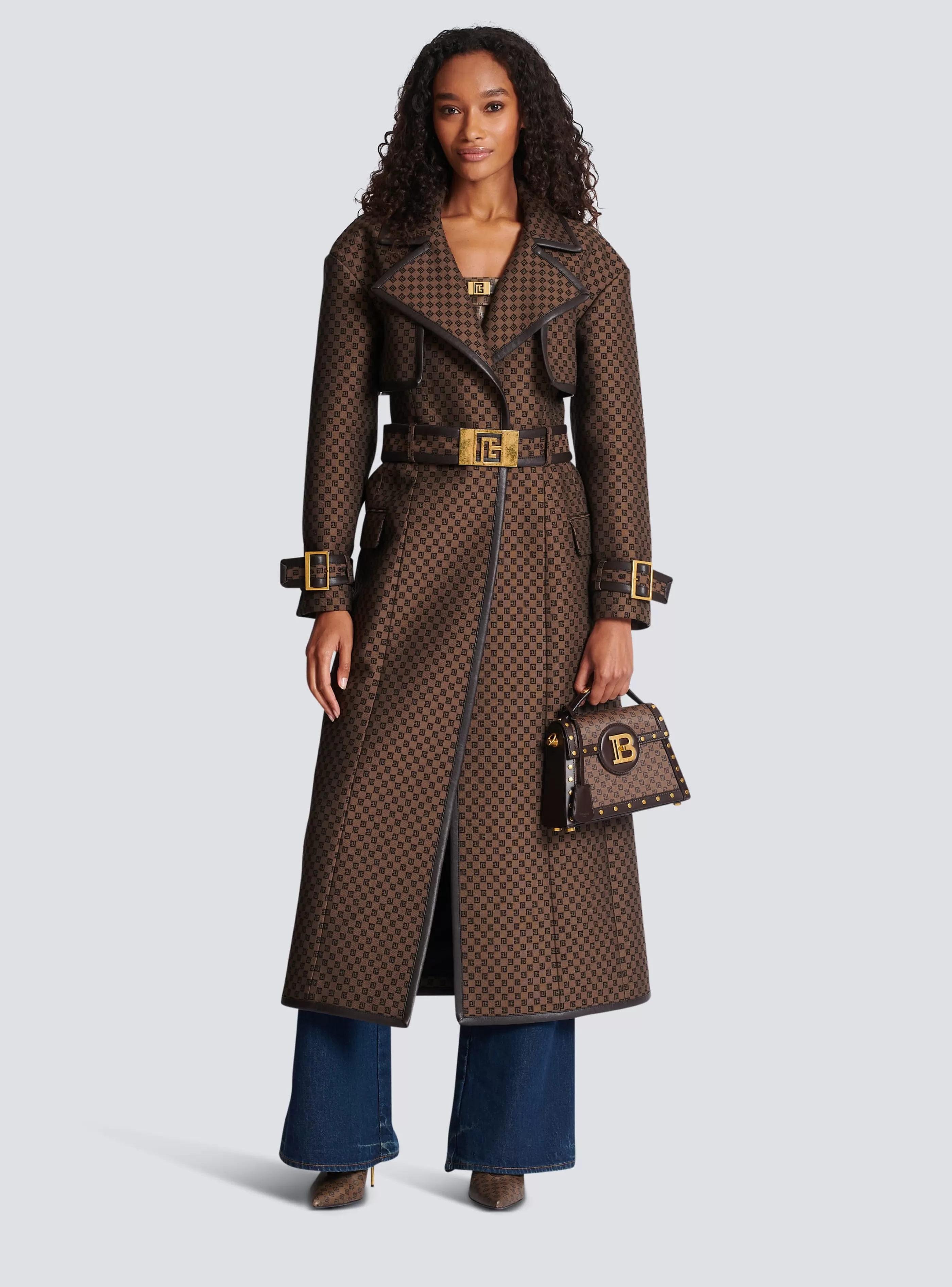 Balmain Capispalla-Mini Monogram Jacquard Trench Coat brown