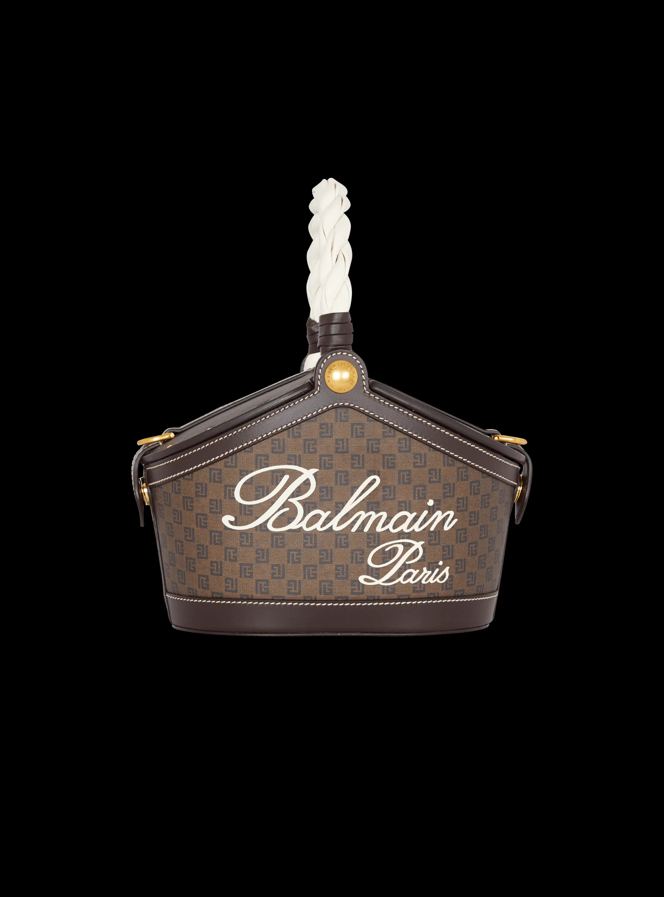 Balmain Borse Mini | Borse A Spalla-Monogram Canvas And Leather Bucket Bag brown