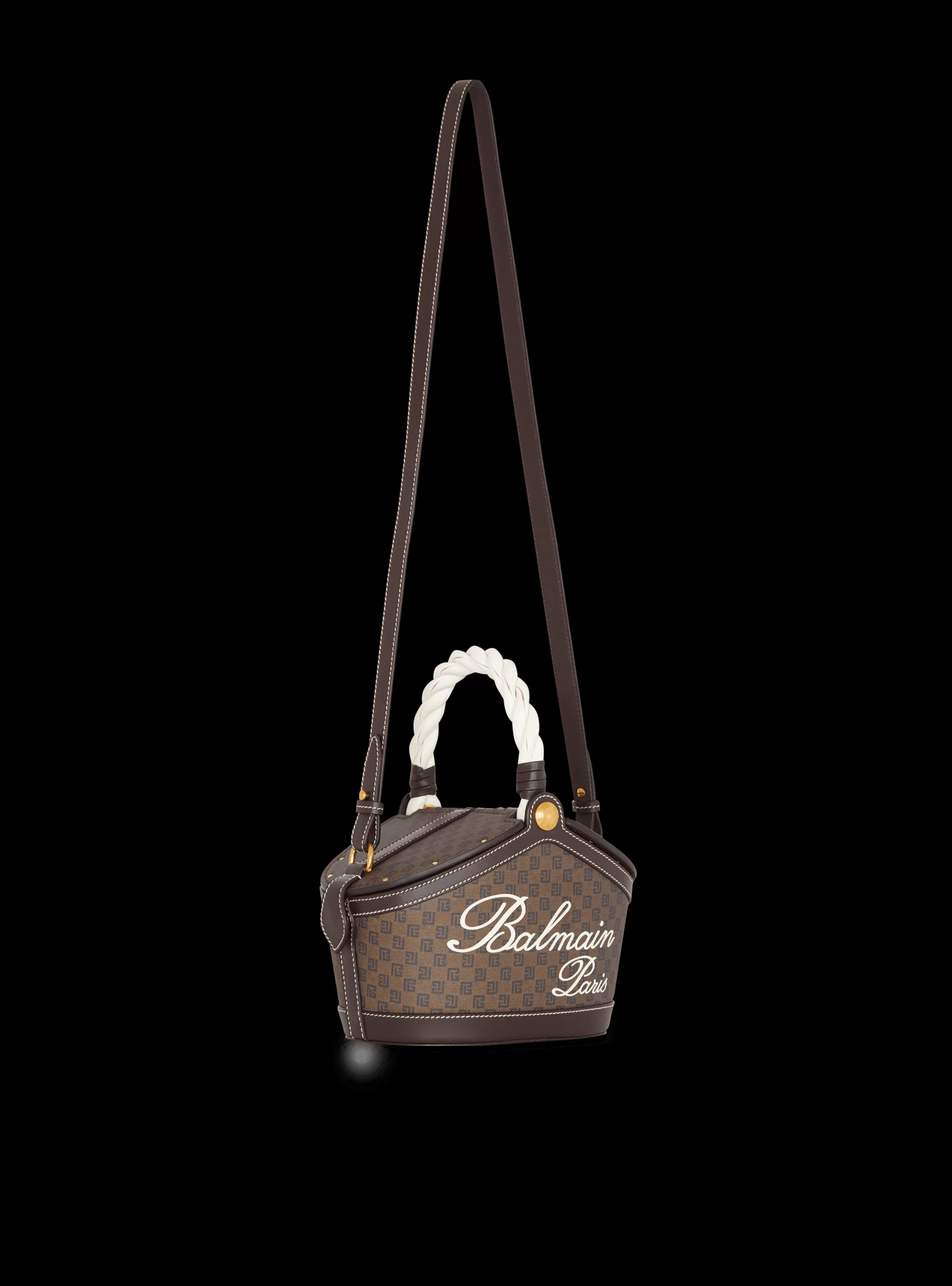 Balmain Borse Mini | Borse A Spalla-Monogram Canvas And Leather Bucket Bag brown