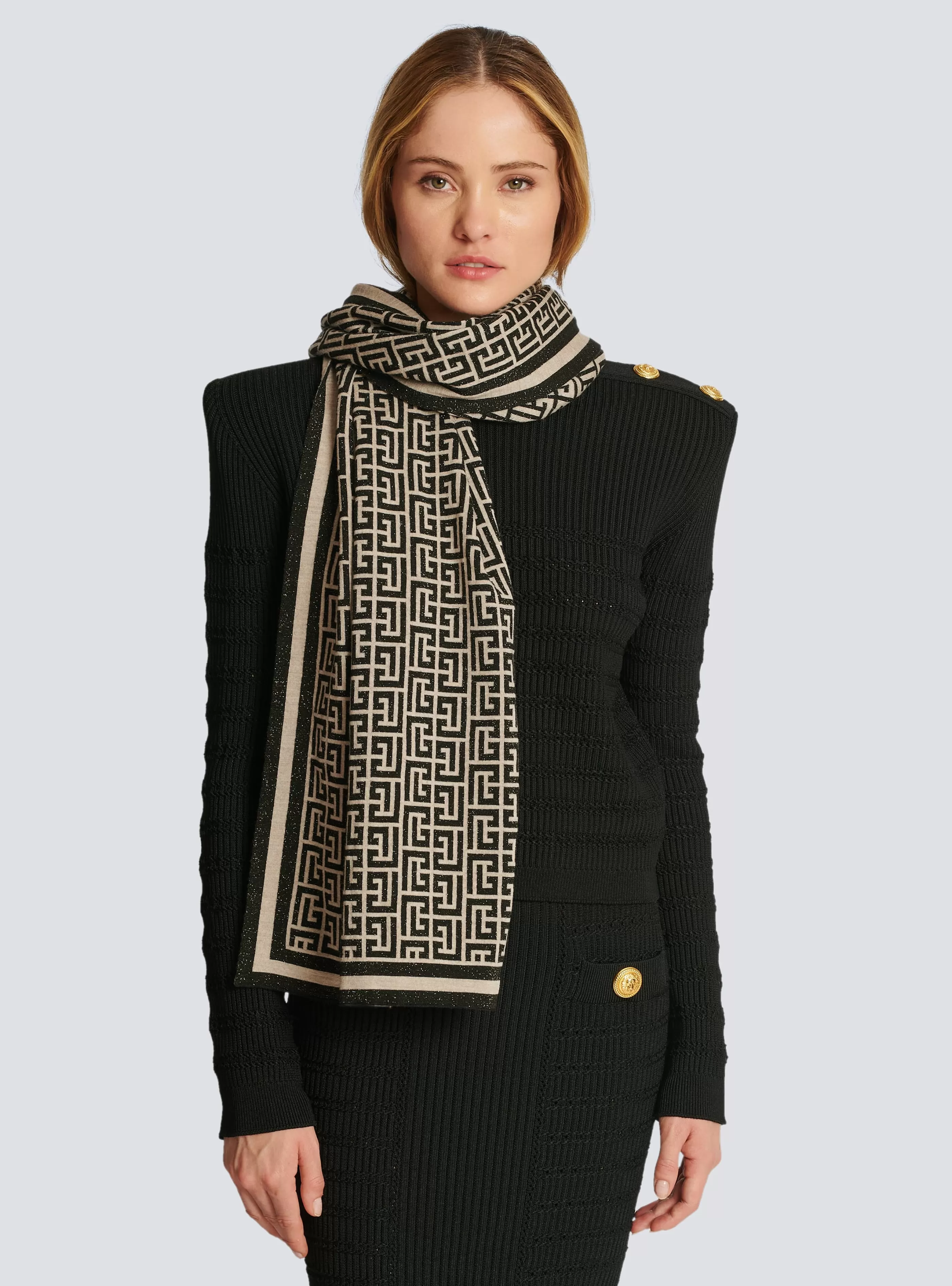 Balmain Sciarpe-Monogrammed Knit Scarf black