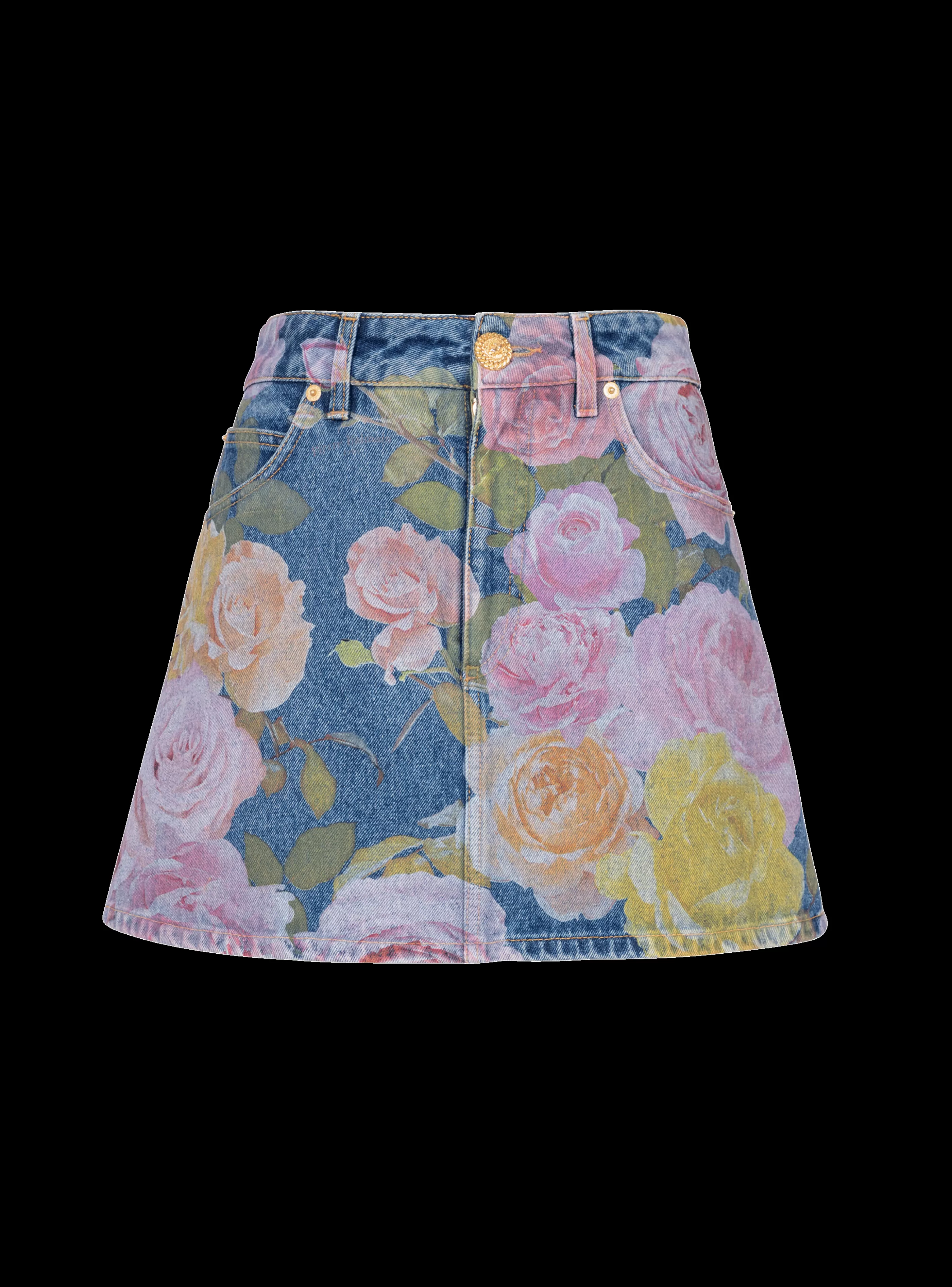 Balmain Denim | Gonne-Pastel Roses Printed Denim Skirt navy