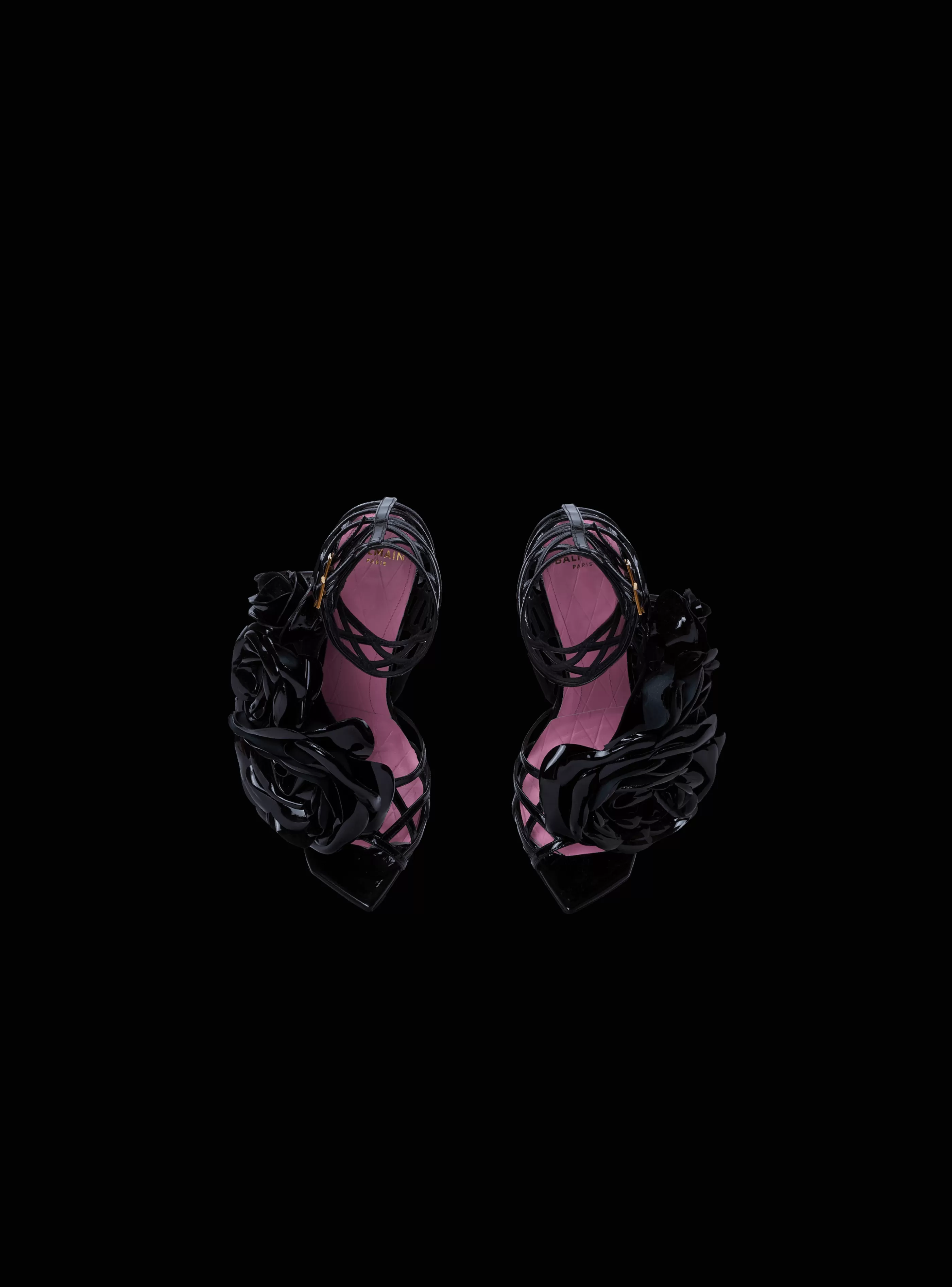 Balmain Scarpe Col Tacco Alto-Patent Leather Eden Sandals With Openwork Grid And Flowers black