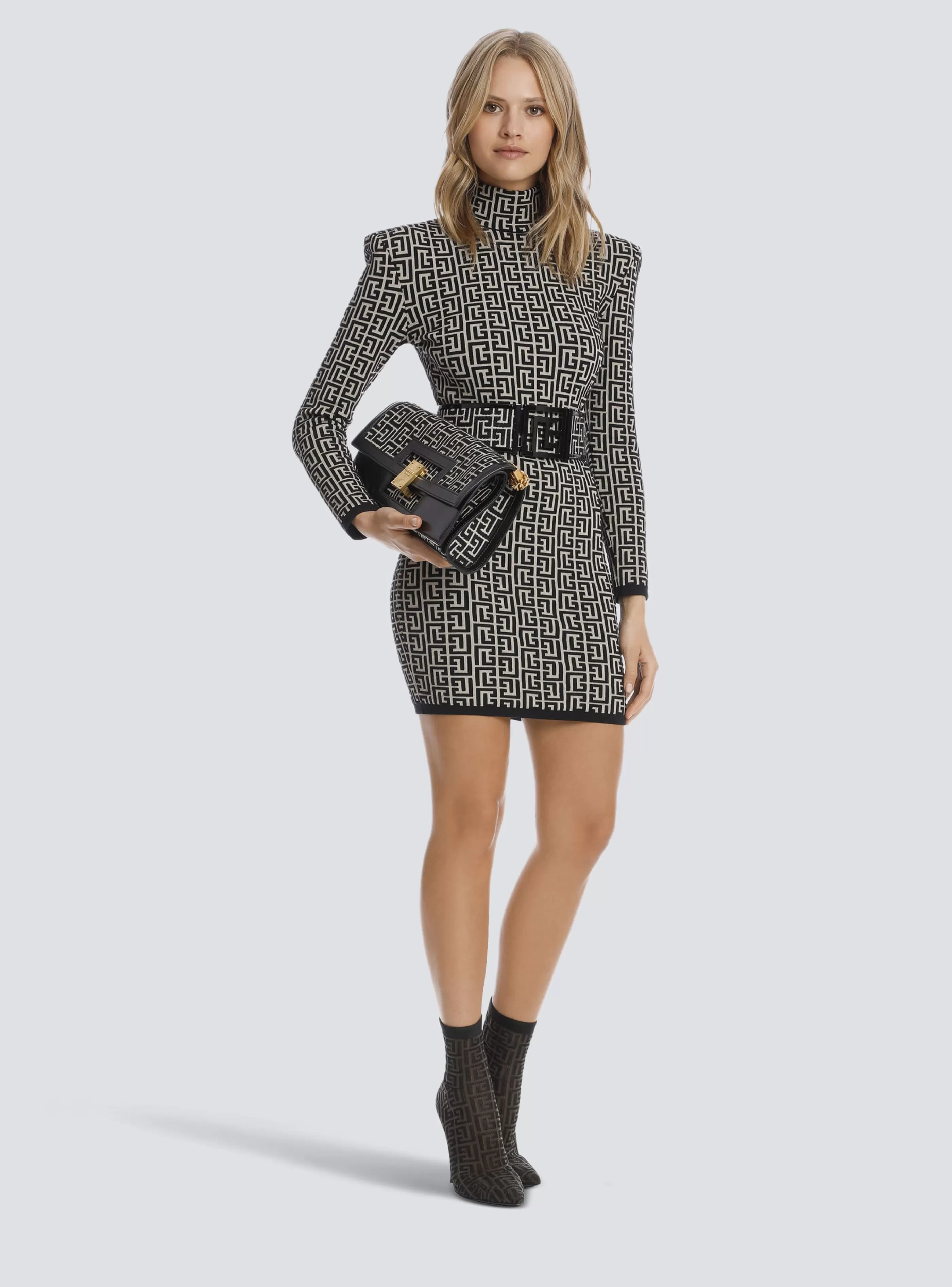 Balmain Abiti-Short Bicolor Jacquard Knit Dress With Monogram black