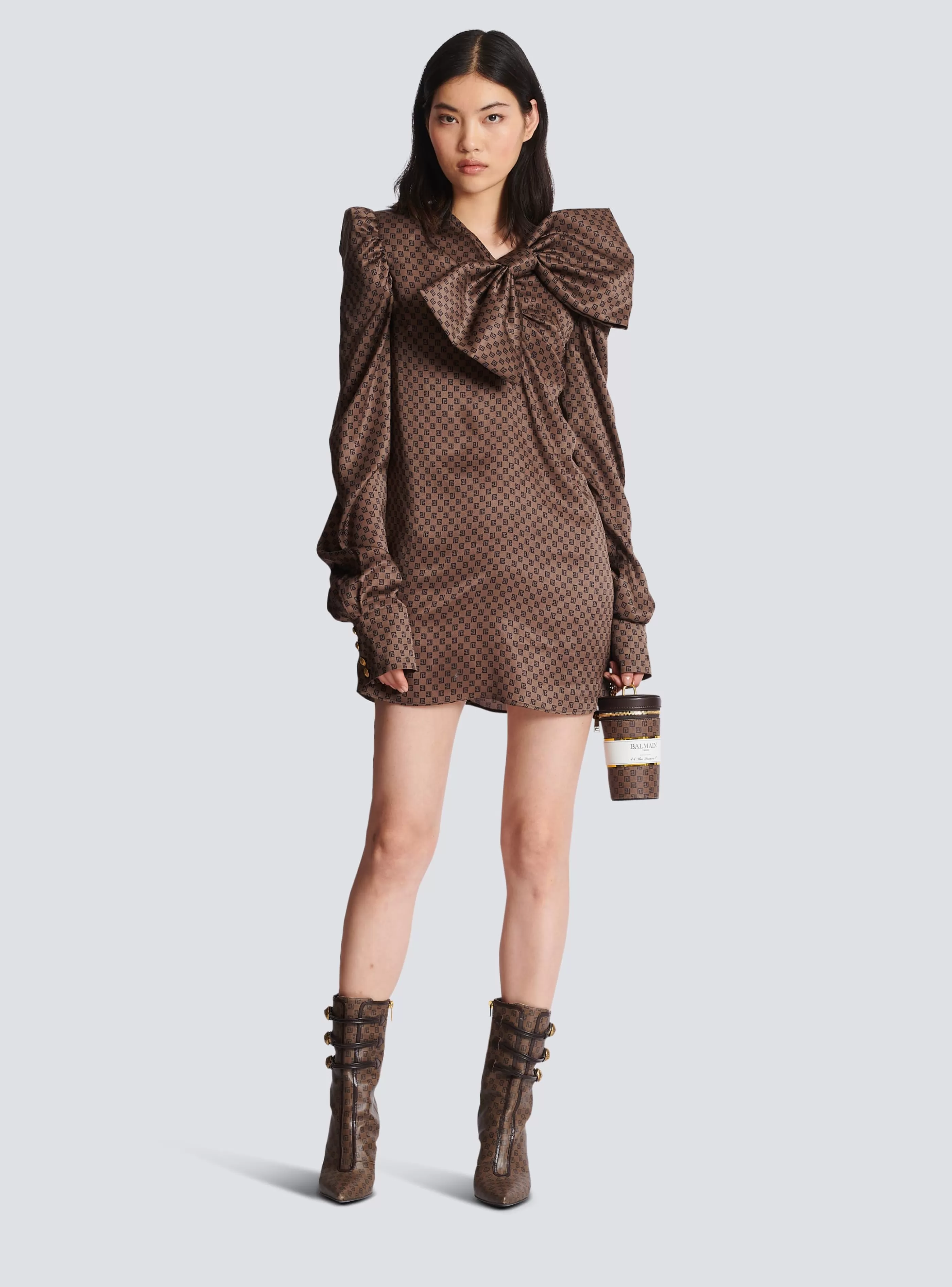 Balmain Abiti-Short Dress With A Large Bow And Mini Monogram Print brown