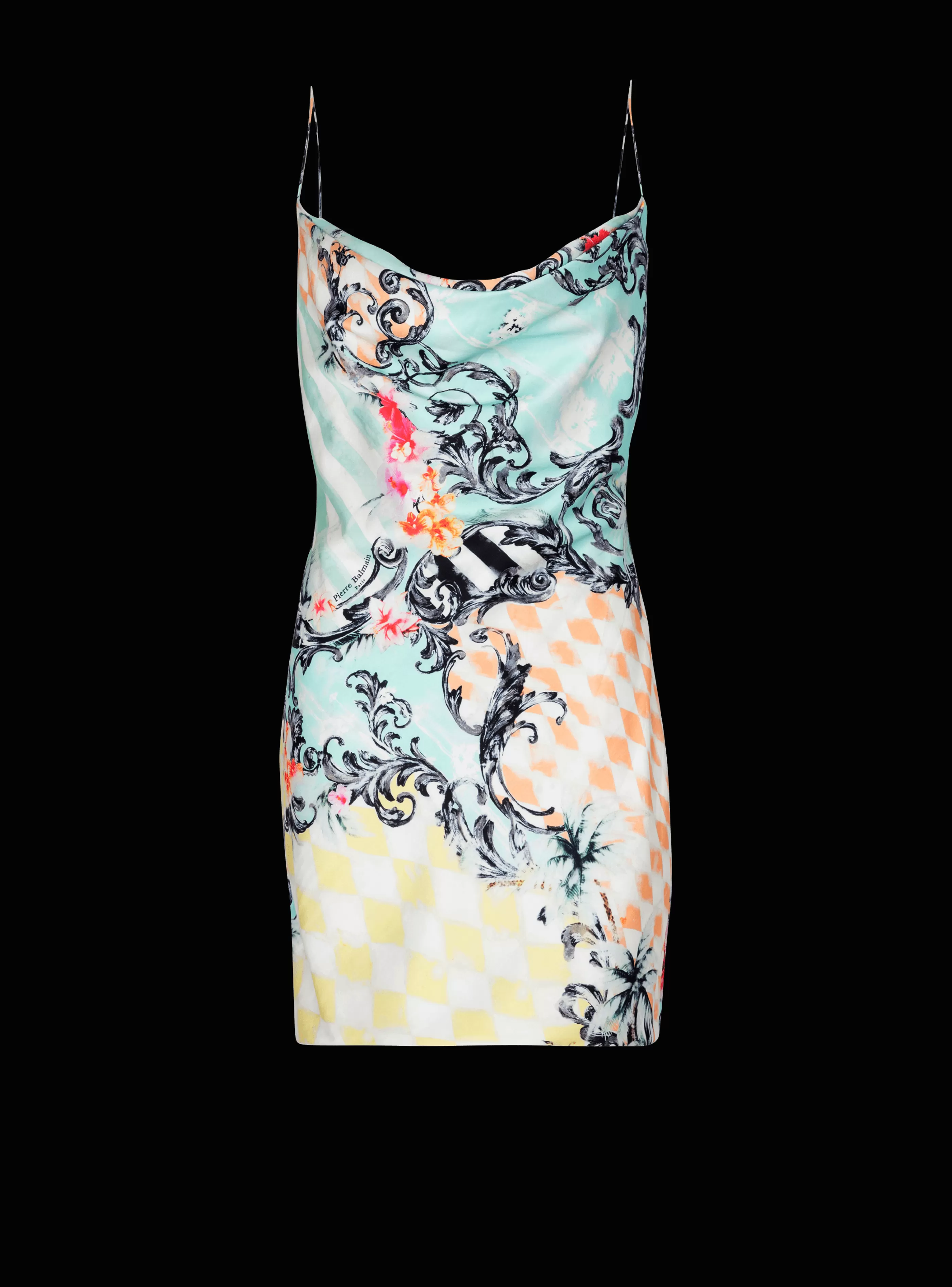 Balmain Abiti-Short Satin Slip Dress With Baroque Print multicolor