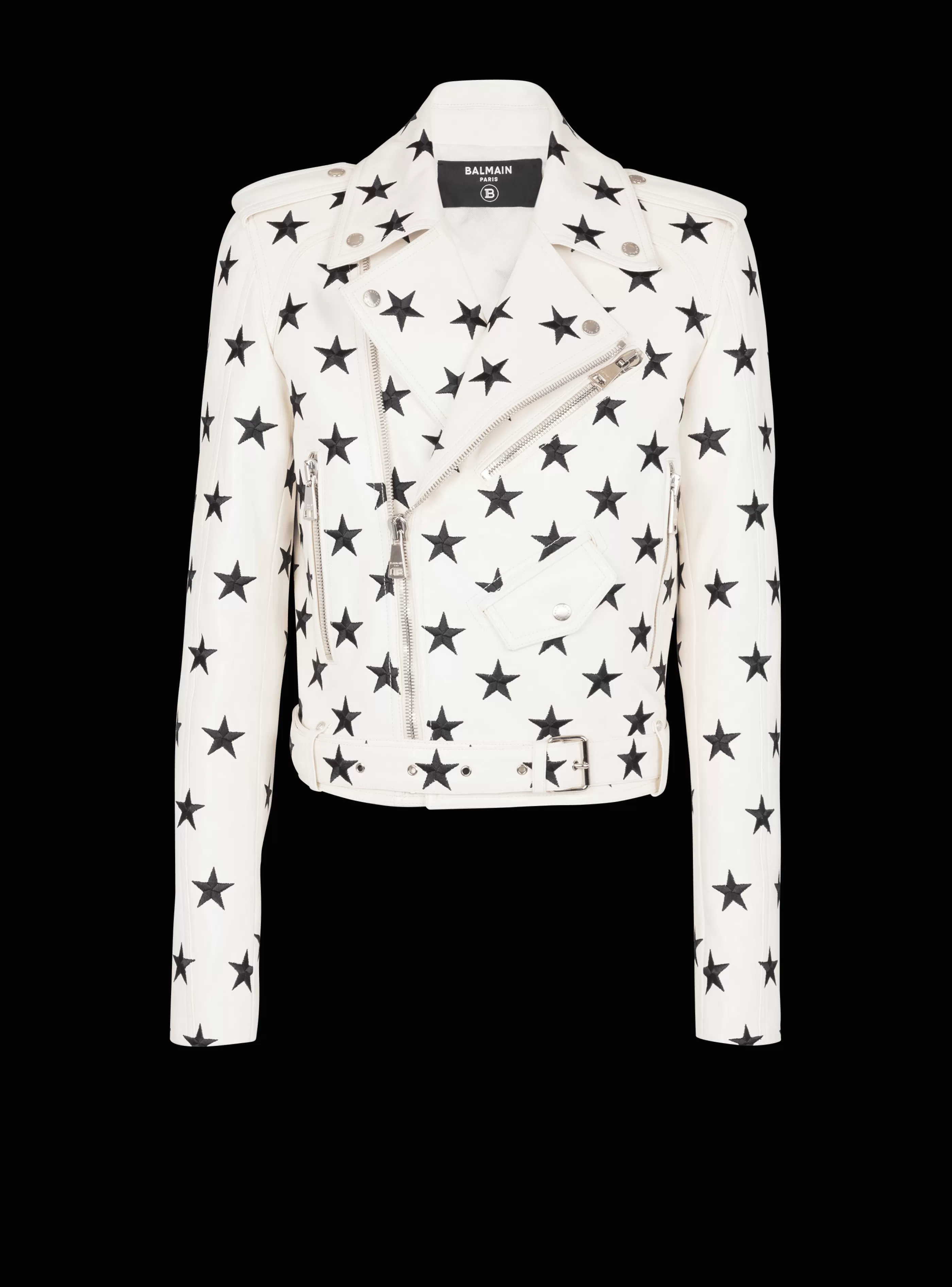 Balmain Capispalla-Stars Biker Jacket In Embroidered Leather beige