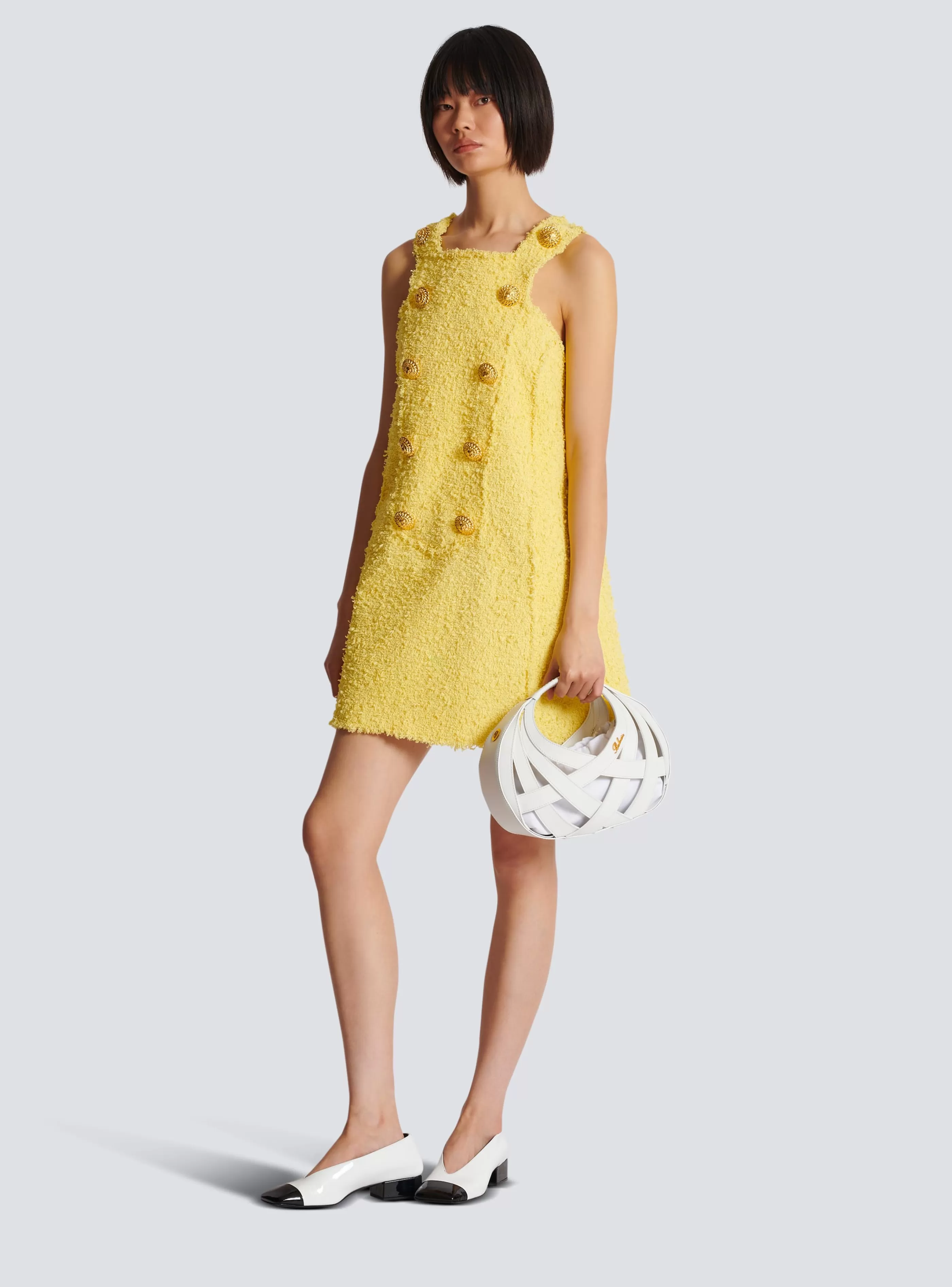 Balmain Abiti-Tweed Swing Dress With Buttoned Plastron yellow