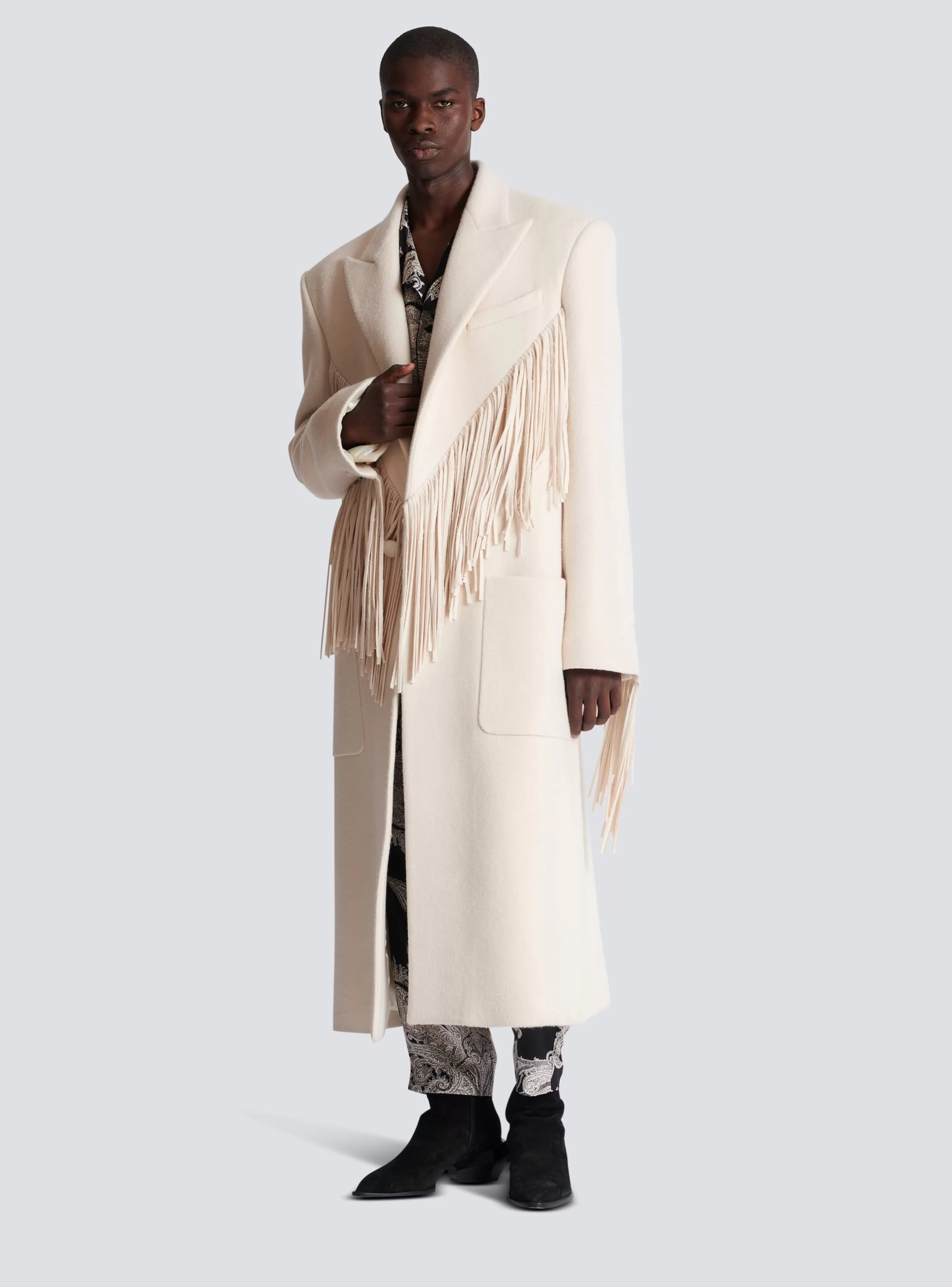 Balmain Capispalla-Unisex Long Fringed Wool And Cashmere Coat beige