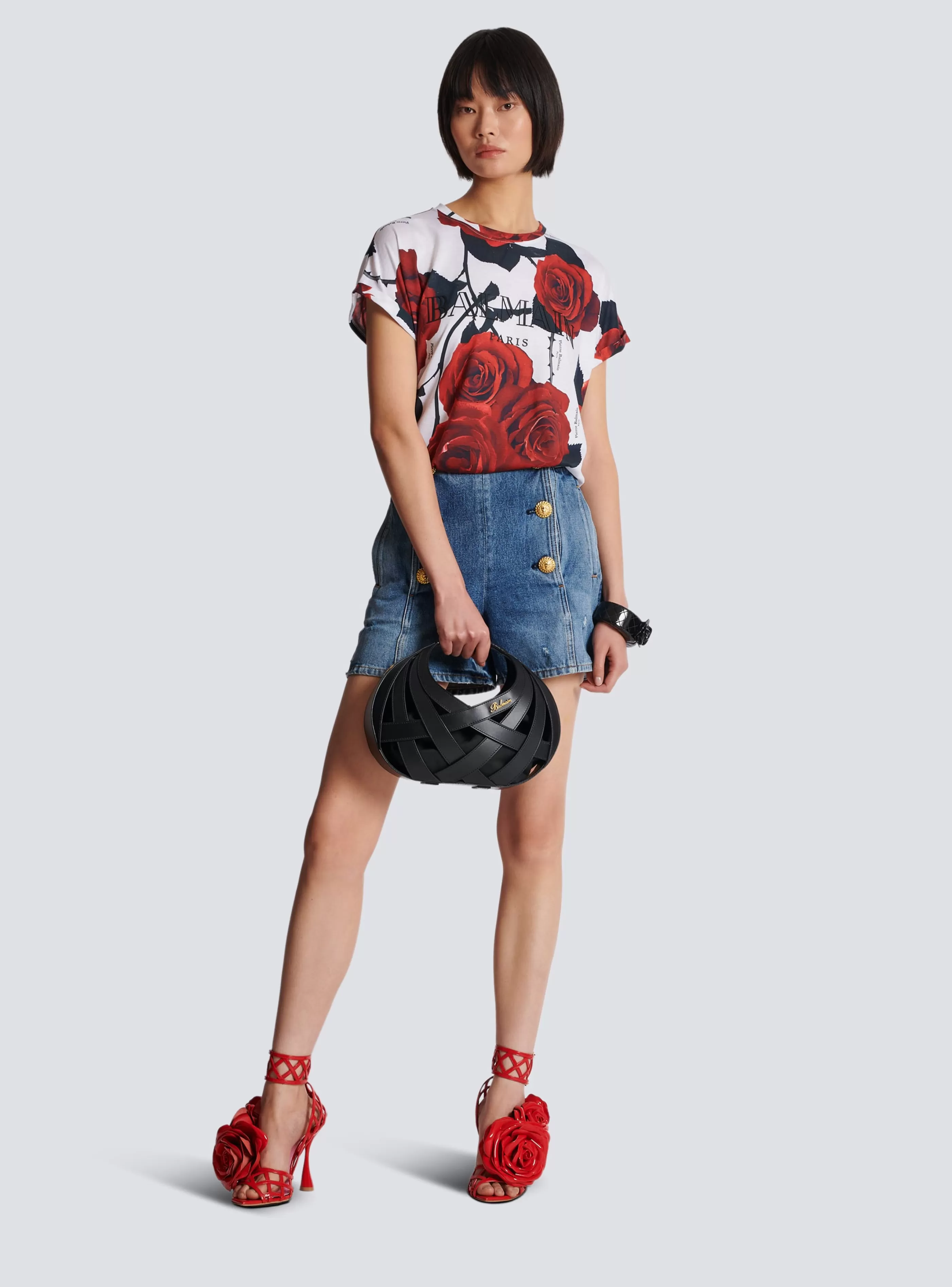 Balmain T-Shirt-Vintage T-shirt With Roses Print red