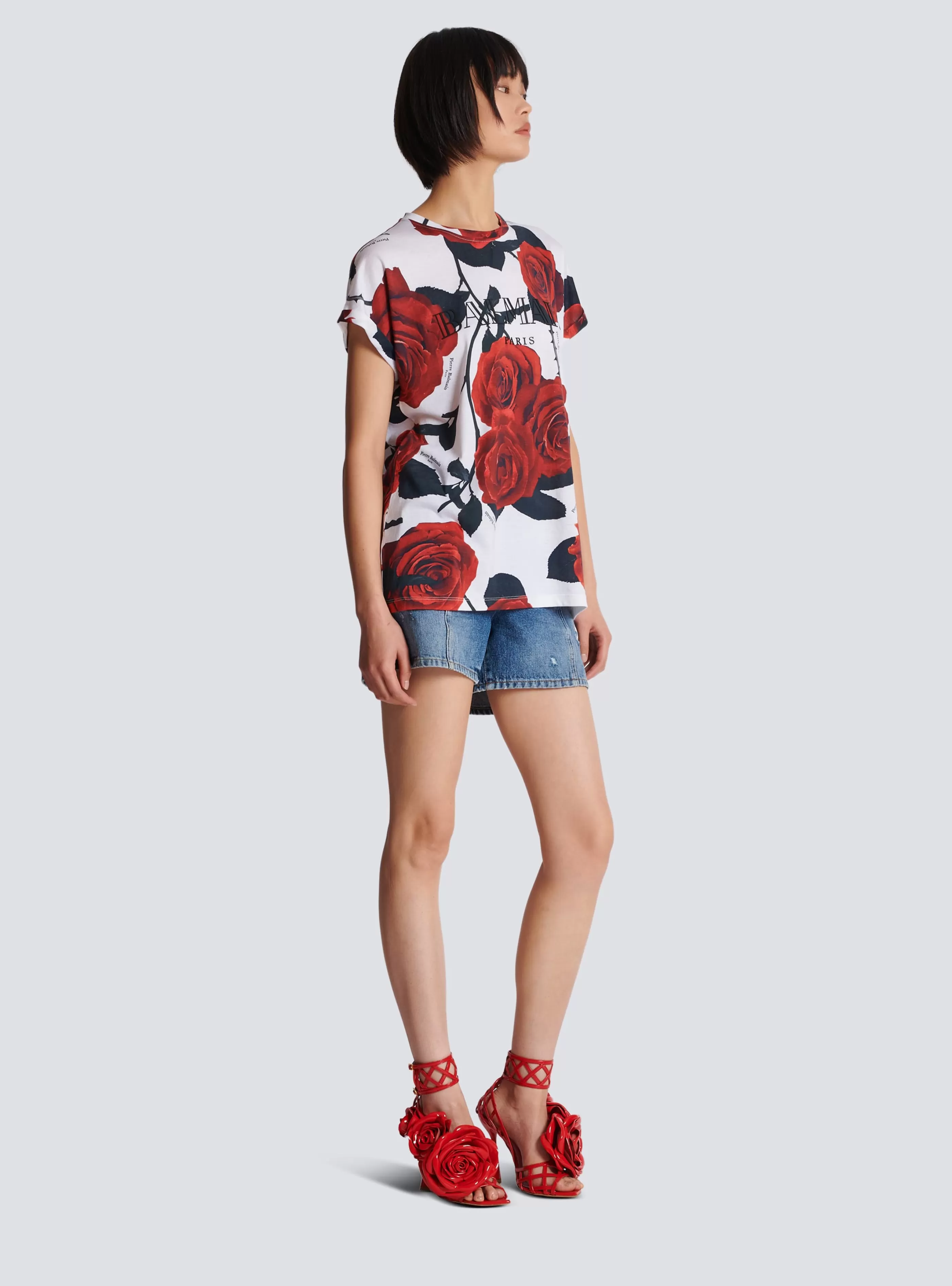 Balmain T-Shirt-Vintage T-shirt With Roses Print red
