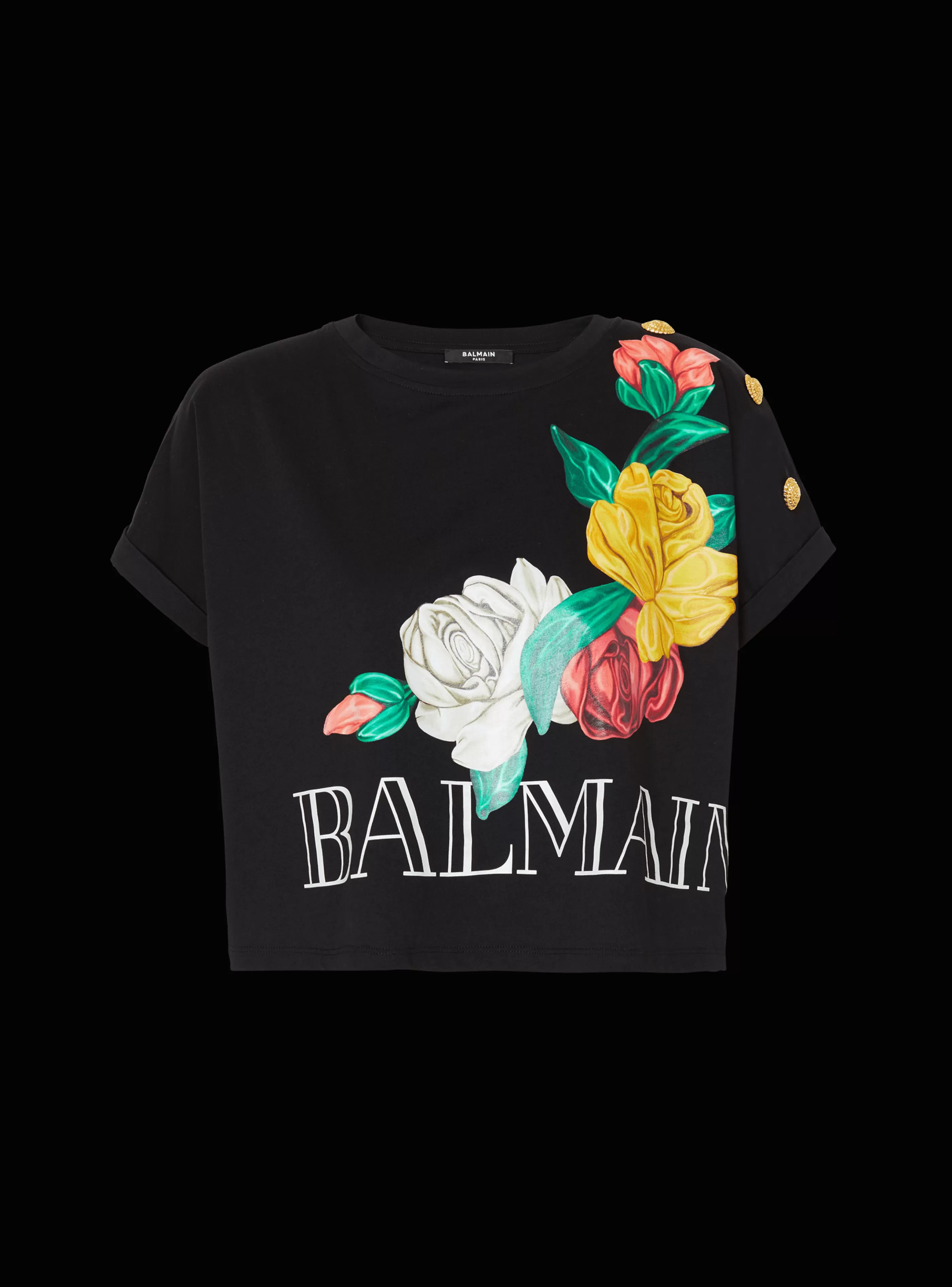 Balmain T-Shirt-Vintage T-shirt With Roses Print black