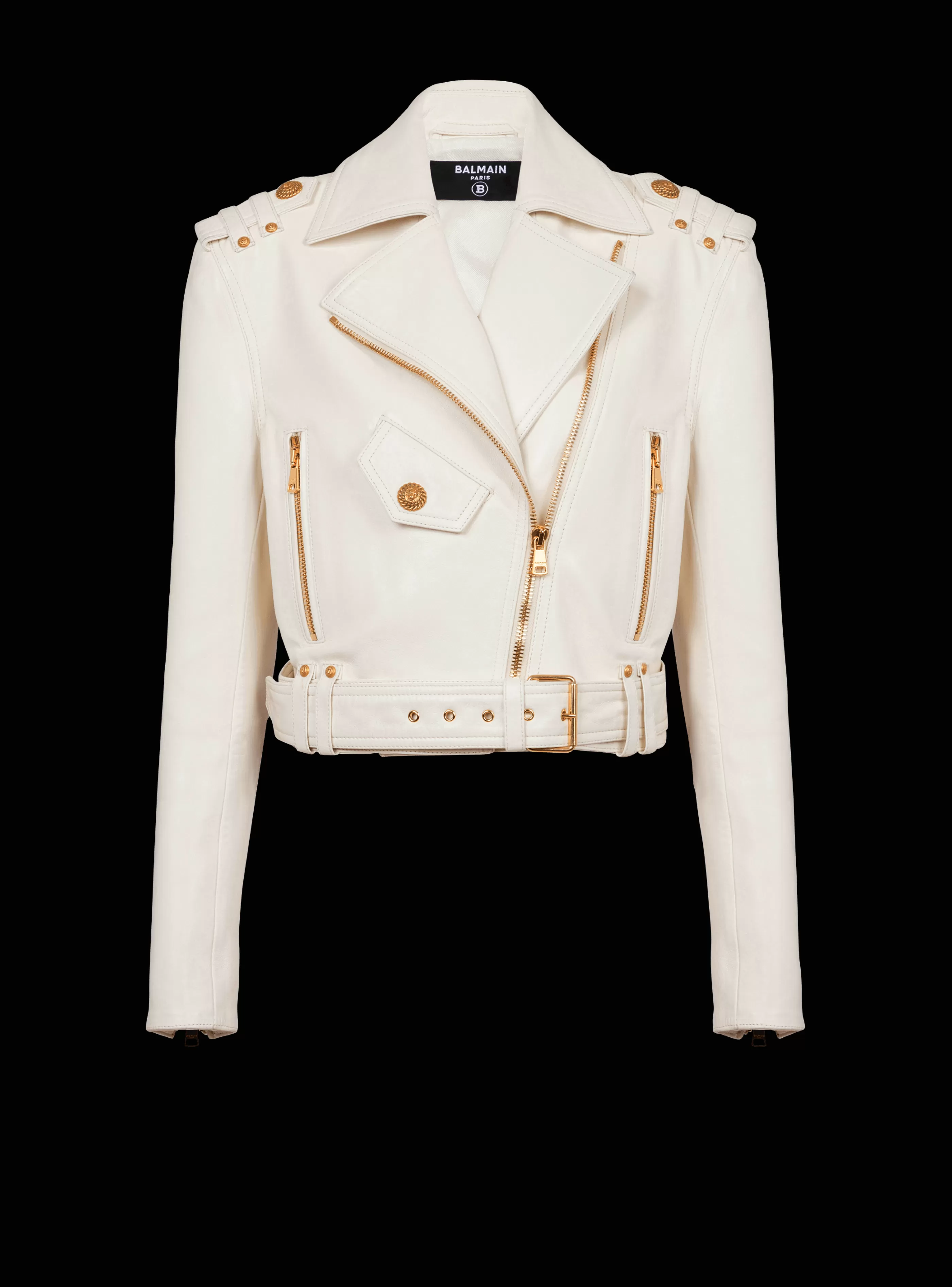 Balmain Capispalla-Zipped Leather Biker Jacket beige